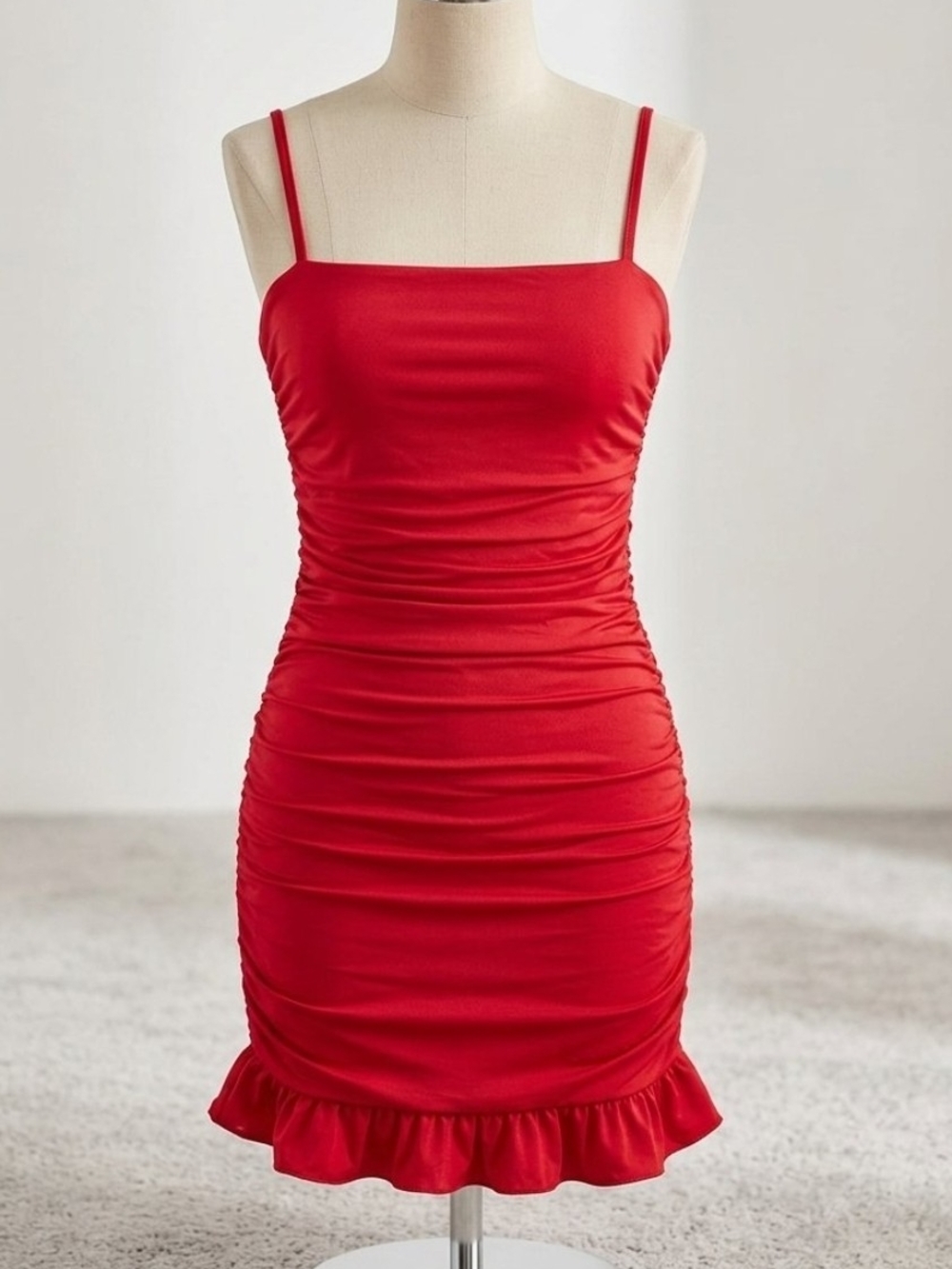 Sleek Red Ruched Mini Dress with Ruffle Hem